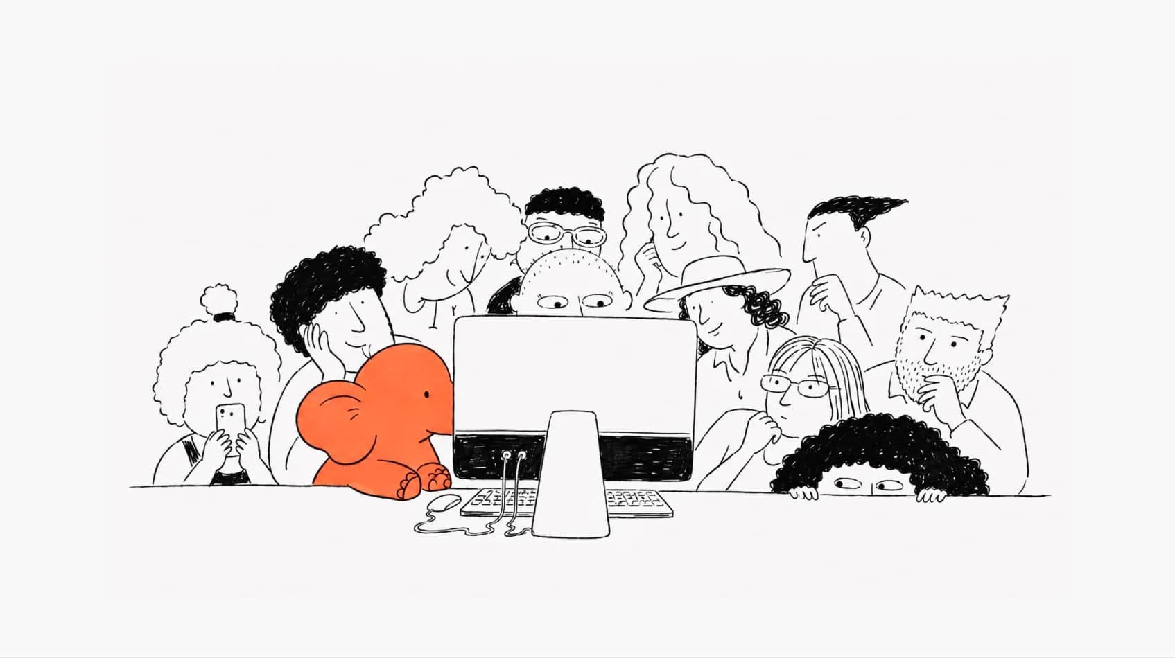 A line drawing of a crowd peering over a computer screen, the Metaforms elephant among them