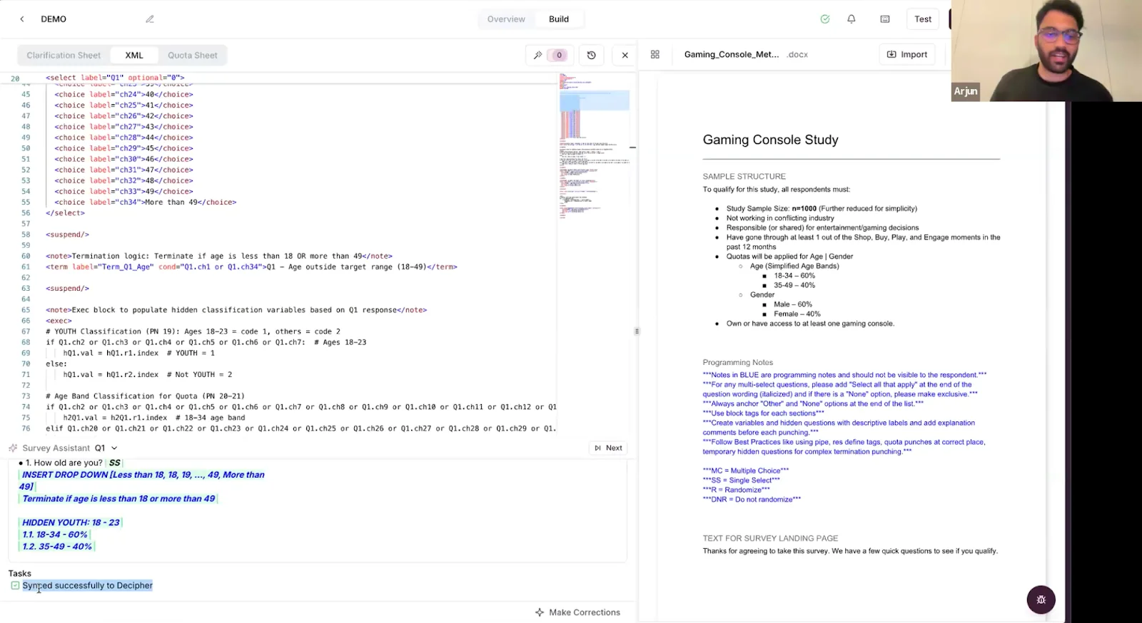 The Metaforms editor beside a Gaming Console Study questionnaire, with the reviewer on a video call in the corner