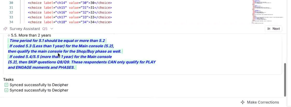The Survey Assistant on question 5, listing the routing rules it inferred, with two tasks ticked as synced to Decipher