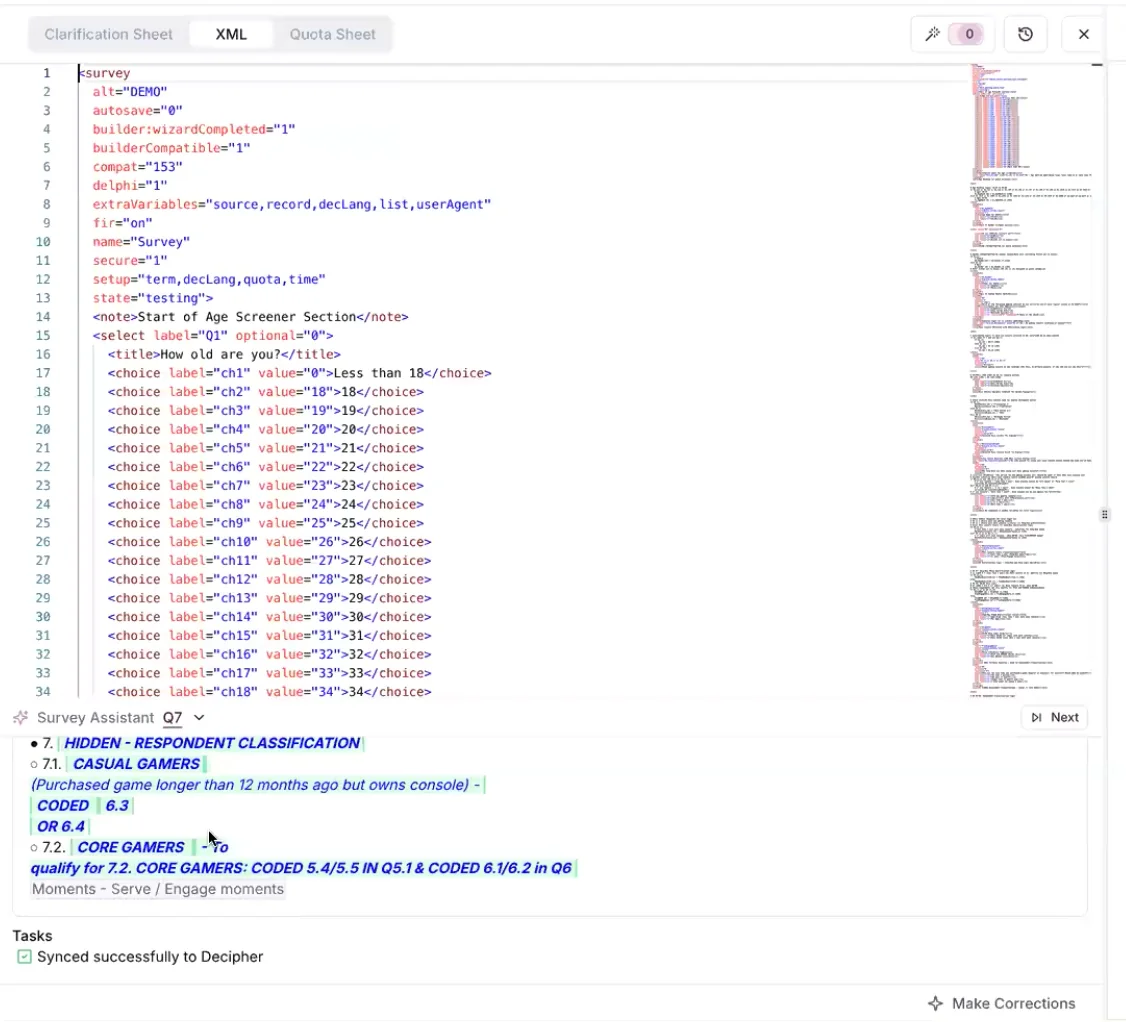 The generated survey XML open in the editor, with the Survey Assistant below it classifying casual and core gamers