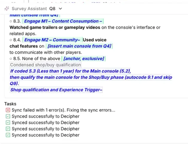 The Survey Assistant on question 8 writing content and community rules, above a task list where one sync failed and four succeeded